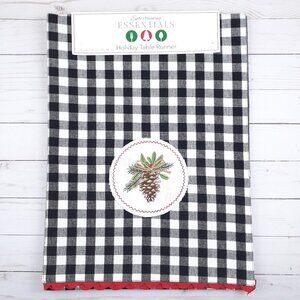 Holiday Table Runner 13x72 Buffalo Plaid Pinecone Winter Black White